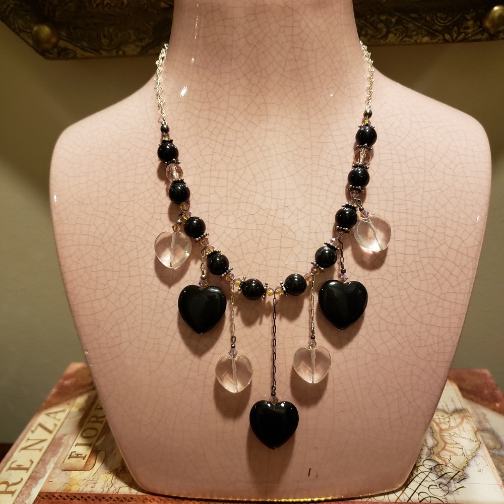 Onyx and Rose Quartz crystal and sterling silver neckace.